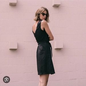 Aday Wind Down Wrap Dress Medium Black Linen Blend Pockets Belted